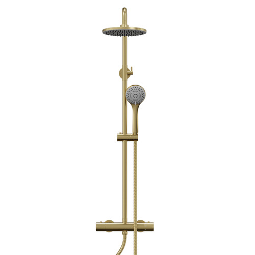 Colore Round Brushed Brass Thermostatic Rigid Riser Kit and Handset Shower System Front View