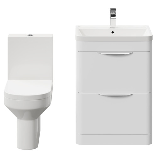 Arendal Gloss White 600mm Floor Standing 2 Drawer Vanity Unit and Rimless Toilet Suite Front View