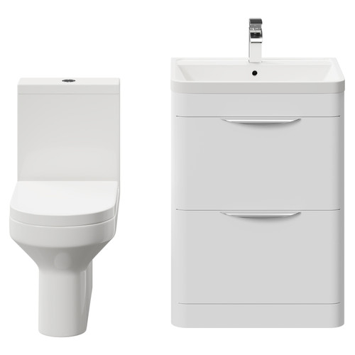 Arendal Gloss White 600mm Floor Standing 2 Drawer Vanity Unit and Closed Back Toilet Suite Front View