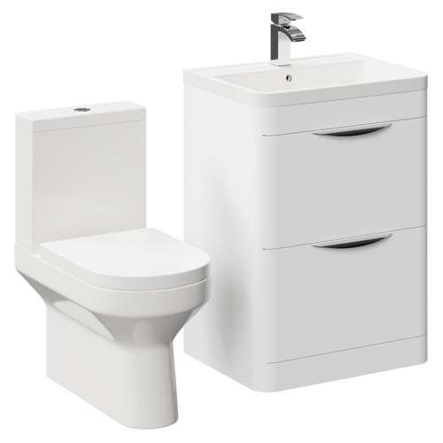 Arendal Gloss White 600mm Floor Standing 2 Drawer Vanity Unit and Closed Back Toilet Suite Left Hand Side View