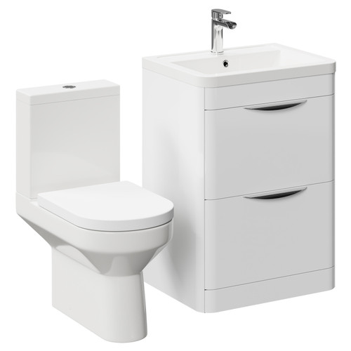 Bergen Gloss White 600mm Floor Standing 2 Drawer Vanity Unit and Open Back Toilet Suite Left Hand Side View