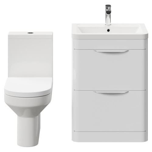 Bergen Gloss White 600mm Floor Standing 2 Drawer Vanity Unit and Rimless Toilet Suite Front View