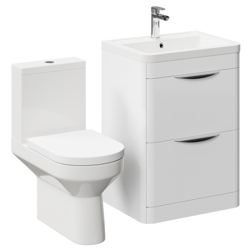 Bergen Gloss White 600mm Floor Standing 2 Drawer Vanity Unit and Rimless Toilet Suite Left Hand Side View