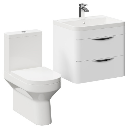 Arendal Gloss White 600mm Wall Mounted 2 Drawer Vanity Unit and Closed Back Toilet Suite Left Hand Side View