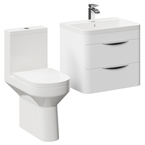 Arendal Gloss White 600mm Wall Mounted 2 Drawer Vanity Unit and Comfort Height Toilet Suite Left Hand Side View