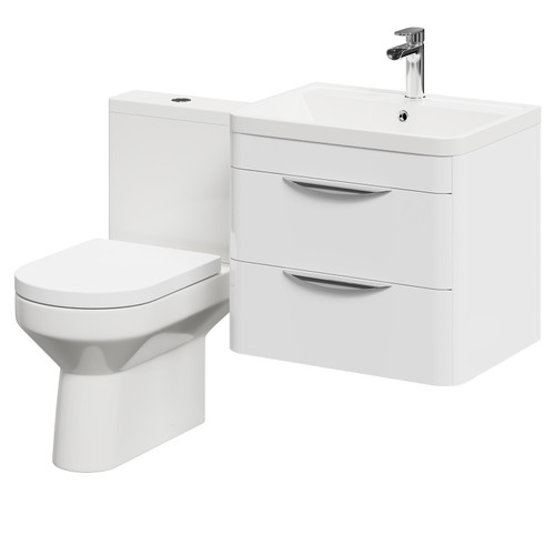 Bergen Gloss White 600mm Wall Mounted 2 Drawer Vanity Unit and Open Back Toilet Suite Right Hand Side View