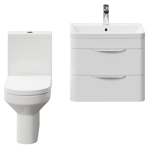 Bergen Gloss White 600mm Wall Mounted 2 Drawer Vanity Unit and Open Back Toilet Suite Front View