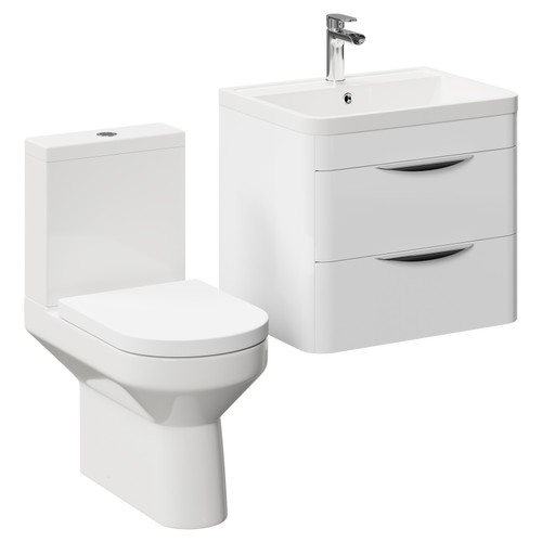 Bergen Gloss White 600mm Wall Mounted 2 Drawer Vanity Unit and Rimless Toilet Suite Left Hand Side View