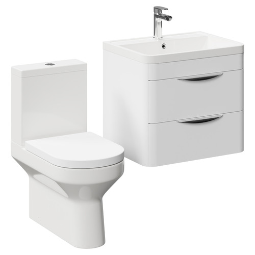 Bergen Gloss White 600mm Wall Mounted 2 Drawer Vanity Unit and Closed Back Toilet Suite Left Hand Side View