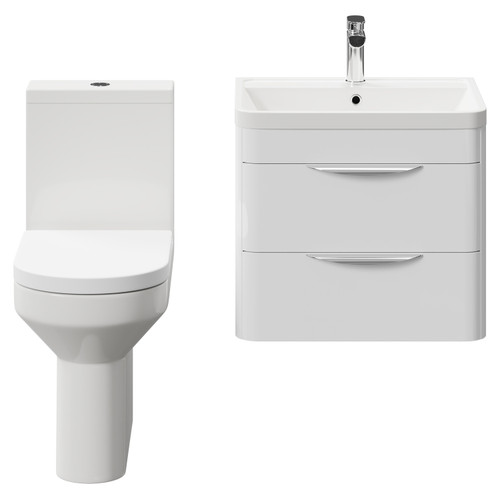 Bergen Gloss White 600mm Wall Mounted 2 Drawer Vanity Unit and Comfort Height Toilet Suite Front View