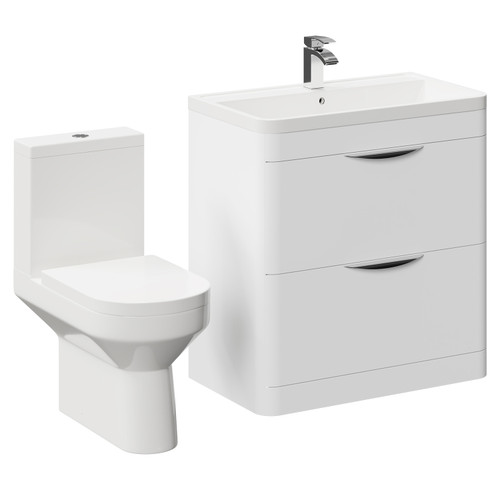 Arendal Gloss White 800mm Floor Standing 2 Drawer Vanity Unit and Rimless Toilet Suite Left Hand Side View