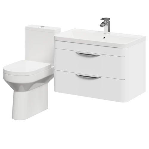 Arendal Gloss White 800mm Wall Mounted 2 Drawer Vanity Unit and Comfort Height Toilet Suite Right Hand Side View