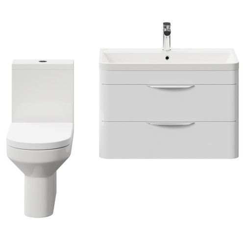 Bergen Gloss White 800mm Wall Mounted 2 Drawer Vanity Unit and Open Back Toilet Suite Front View
