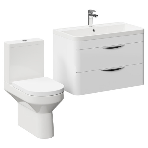 Bergen Gloss White 800mm Wall Mounted 2 Drawer Vanity Unit and Open Back Toilet Suite Left Hand Side View