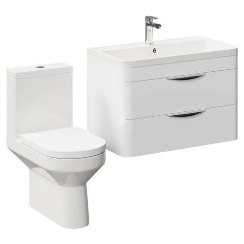 Bergen Gloss White 800mm Wall Mounted 2 Drawer Vanity Unit and Rimless Toilet Suite Left Hand Side View