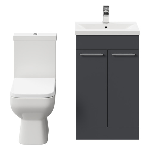 Turin Gloss Grey 500mm Floor Standing Vanity Unit and Toilet Suite with 1 Tap Hole Basin and 2 Doors with Polished Chrome Handles Front View