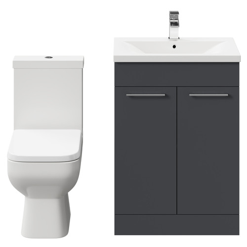 Turin Gloss Grey 600mm Floor Standing Vanity Unit and Toilet Suite with 1 Tap Hole Basin and 2 Doors with Polished Chrome Handles Front View