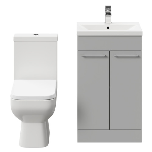 Turin Gloss Grey Pearl 500mm Floor Standing Vanity Unit and Toilet Suite with 1 Tap Hole Basin and 2 Doors with Polished Chrome Handles Front View