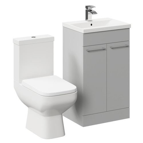 Turin Gloss Grey Pearl 500mm Floor Standing Vanity Unit and Toilet Suite with 1 Tap Hole Basin and 2 Doors with Polished Chrome Handles Left Hand Side View