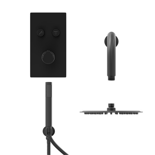 Colore Matt Black Concealed Push Button Shower Valve Including Round Fixed Shower Head and Round Handset Outlet Holder with Kit Front View