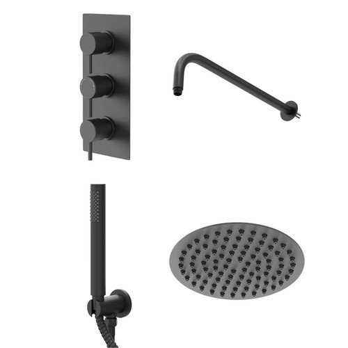 Colore Matt Black Triple Thermostatic Valve Mixer Shower with Round Fixed Head and Round Handset Outlet Holder Right Hand Side View