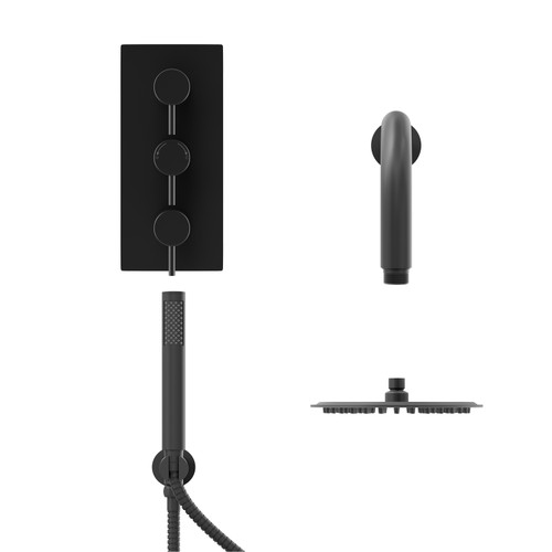 Colore Matt Black Triple Thermostatic Valve Mixer Shower with Round Fixed Head and Round Handset Outlet Holder Front View