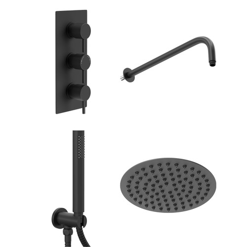 Colore Matt Black Triple Thermostatic Valve Mixer Shower with Round Fixed Head and Round Handset Outlet Holder Left Hand Side View