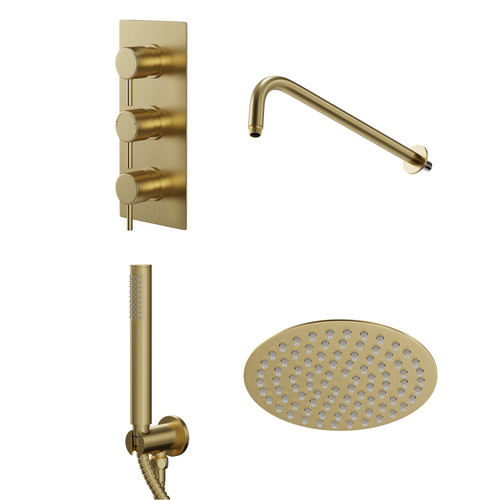 Colore Brushed Brass Triple Thermostatic Valve Mixer Shower with Round Fixed Head and Round Handset Outlet Holder Right Hand Side View