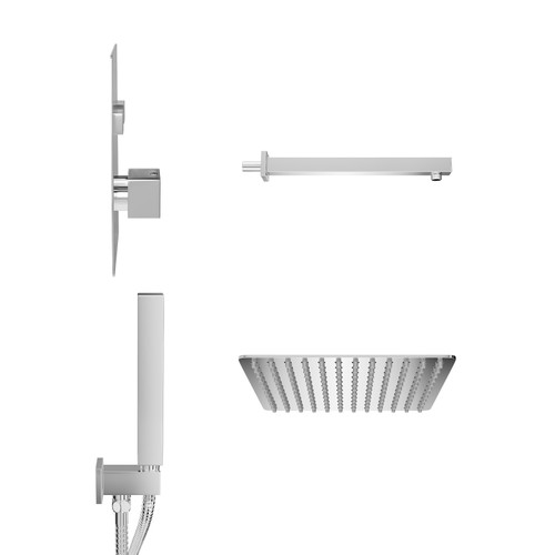 Cubix Polished Chrome Concealed Push Button Twin Thermostatic Shower Valve Including Square Fixed Shower Head and Square Handset Outlet Holder with Kit Side on View