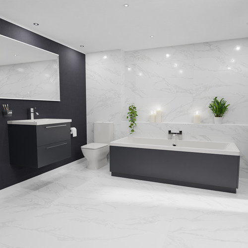 A modern bathroom suite including straight double ended bath, vanity unit and close coupled toilet