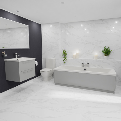 A modern bathroom suite including straight double ended bath, vanity unit and close coupled toilet with taps and waste