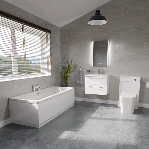 A modern bathroom suite including straight double ended bath, toilet and basin furniture set