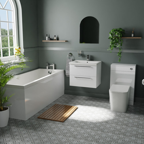 A modern bathroom suite including straight single ended bath, toilet and basin furniture set