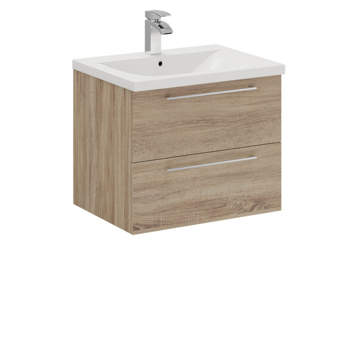 A modern oak 2 drawer vanity unit and basin