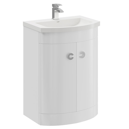 A modern white 2 door vanity unit and basin