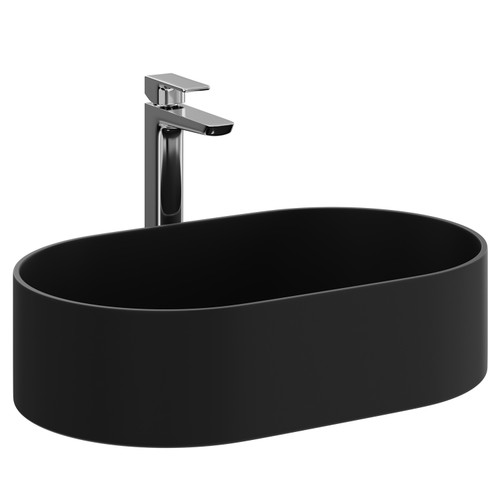 A modern black countertop basin