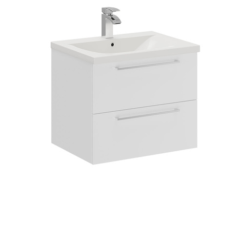 A modern white 2 drawer vanity unit and basin