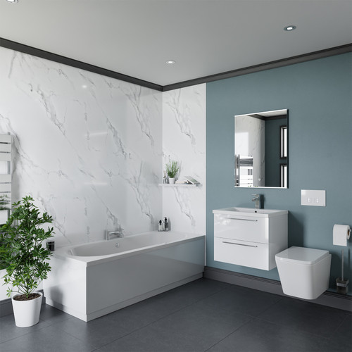 A modern bathroom suite including straight double ended bath, vanity unit and wall hung toilet