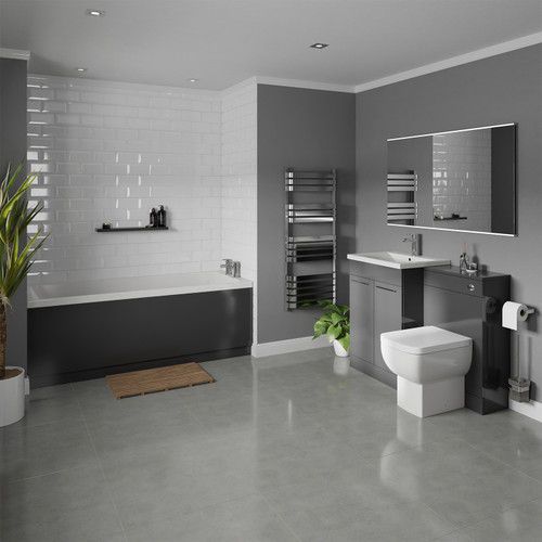 A modern bathroom suite including slim edge straight single ended bath, toilet and basin furniture set