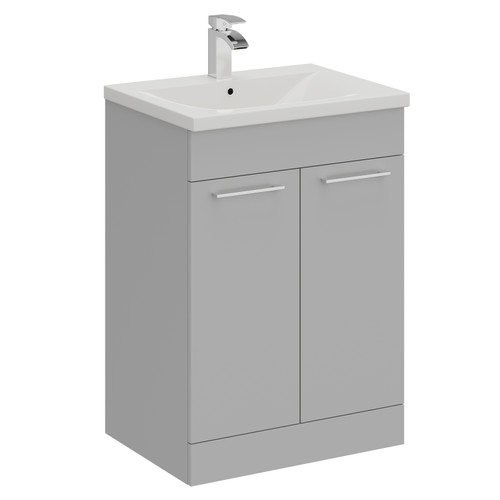 A modern grey 2 door vanity unit and basin