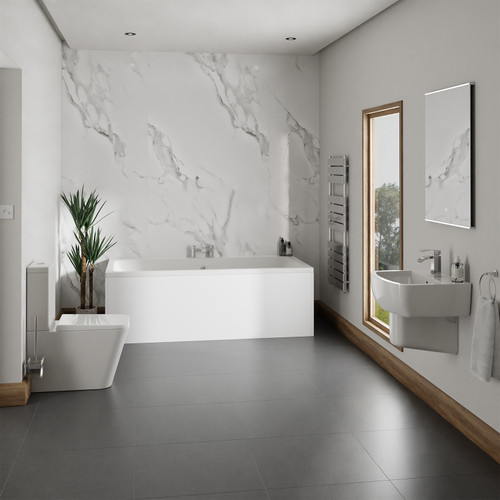 A modern bathroom suite including straight double ended bath, basin, pedestal and close coupled toilet