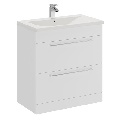 A modern white vanity unit and basin