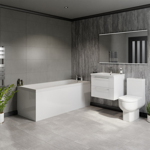 A modern bathroom suite including straight single ended bath, vanity unit and close coupled toilet