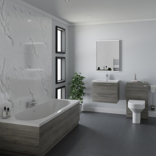 A modern bathroom suite including straight double ended bath, toilet and basin furniture set
