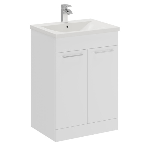 A modern white vanity unit and basin
