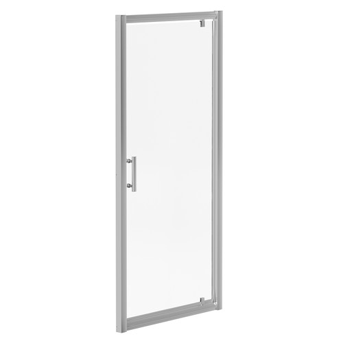 A modern silver pivot shower door