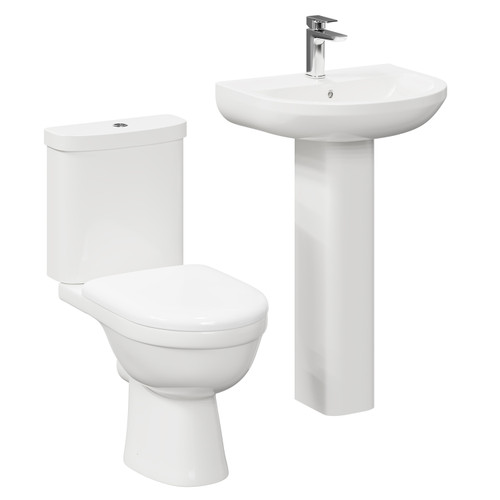 A modern white close coupled toilet and basin set