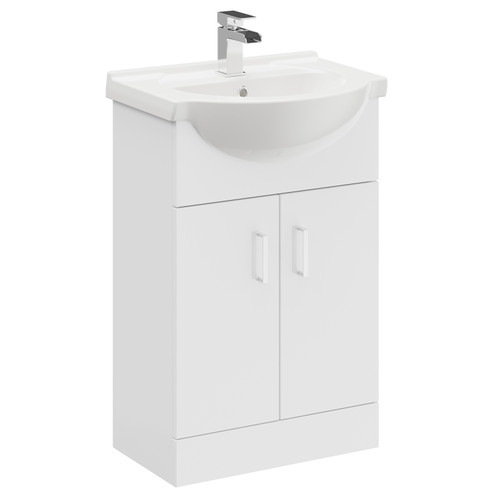 A modern white vanity unit and basin