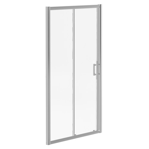 A modern silver sliding shower door