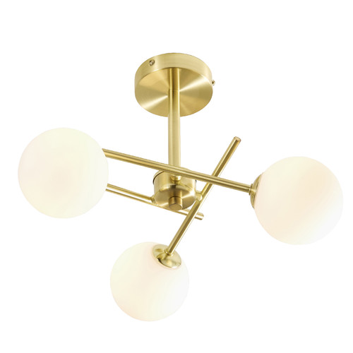 Forum Spa Lindos Satin Brass/Opal 390mm 3 Lamp Cross Arm Semi-Flush Ceiling Light - SPA-35836-SBRS Front View